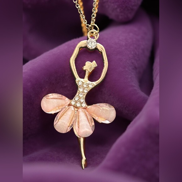 Ballerina Pendant Necklace • Crystal Ballet Dancer • Gold Tone • Blush Pink - Picture 3 of 8